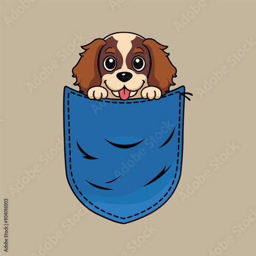 Cute Cavalier King Dog in Pocket Clipart - dog in jeans pocket - Dog peeking face isolated illustration
