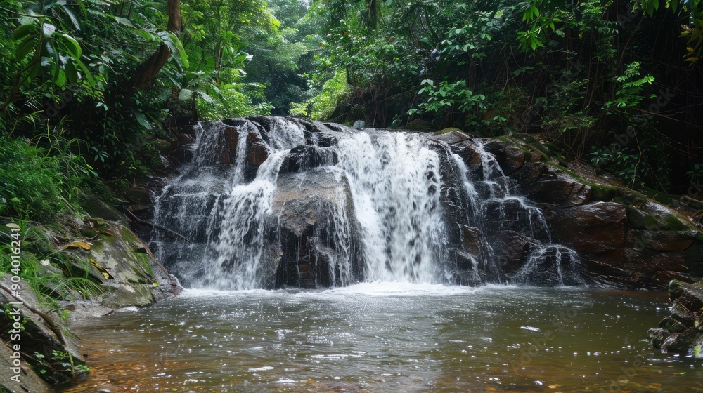 Naklejka premium Lush Green Foliage Surrounding a Cascading Waterfall