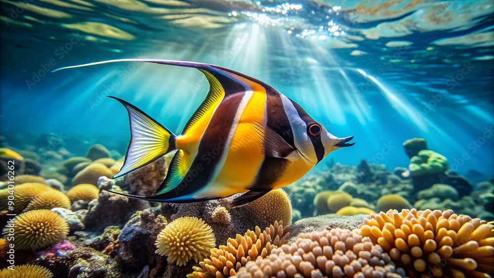 Obraz premium Vibrant Moorish Idol fish with yellow and black vertical stripes swims near a coral reef in a crystal-clear turquoise ocean with subtle sunlight beams.