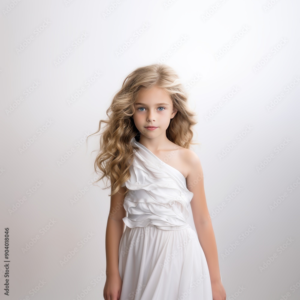 Minimalist portrait of a young girl with curly hair wearing a white dress. Minimalist portrait of a young girl with curly hair wearing a white dress.