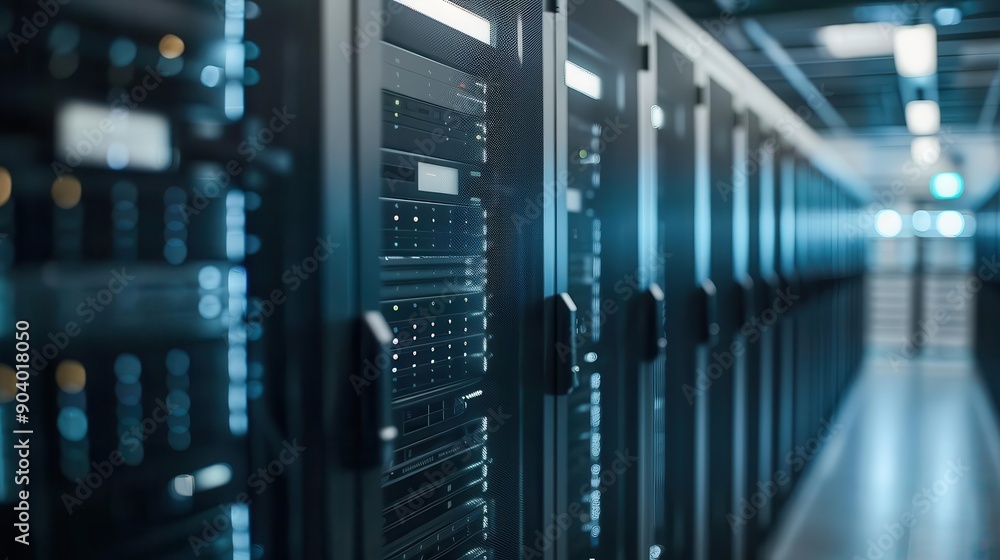 Close-up shot of a modern, high-tech data center with rows of servers and advanced networking equipment in a secure facility. Close-up shot of a modern, high-tech data center with rows of servers and advanced networking equipment in a secure facility.