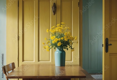 Wallpaper Mural a vase of yellow flowers on a wooden table Torontodigital.ca