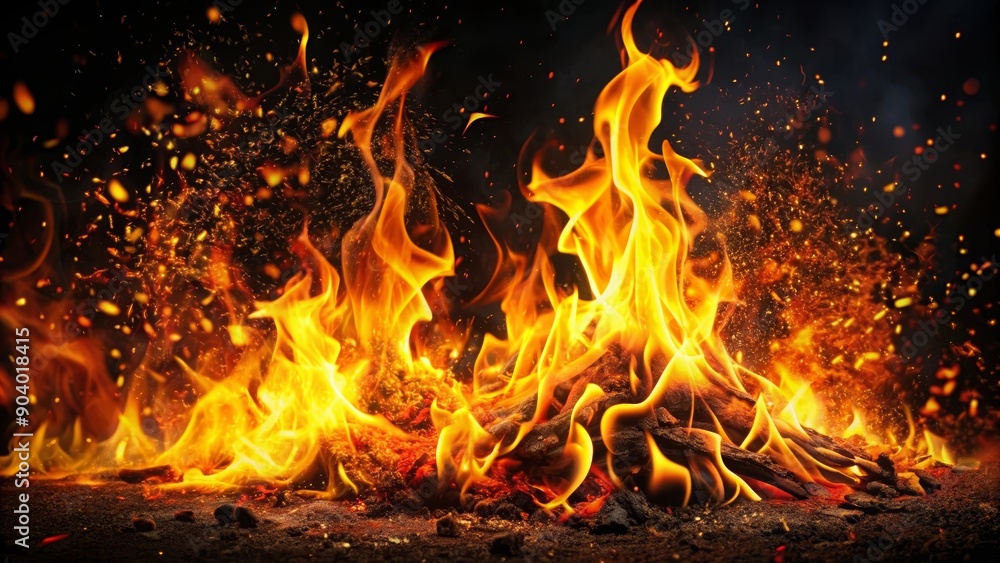 A blazing bonfire with intense flames and flying sparks, isolated on a black background. It symbolizes heat, energy, passion, and the beauty of nature. A blazing bonfire with intense flames and flying sparks, isolated on a black background. It symbolizes heat, energy, passion, and the beauty of nature.
