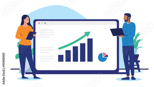 Business growth - Man and woman with laptop computer looking at rising diagram chart and graph with green arrow pointing up towards financial success. Flat design vector illustration