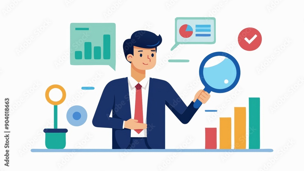 A businessman examines data through a magnifying glass, symbolizing analysis, strategy, growth, insight, and success. A businessman examines data through a magnifying glass, symbolizing analysis, strategy, growth, insight, and success.