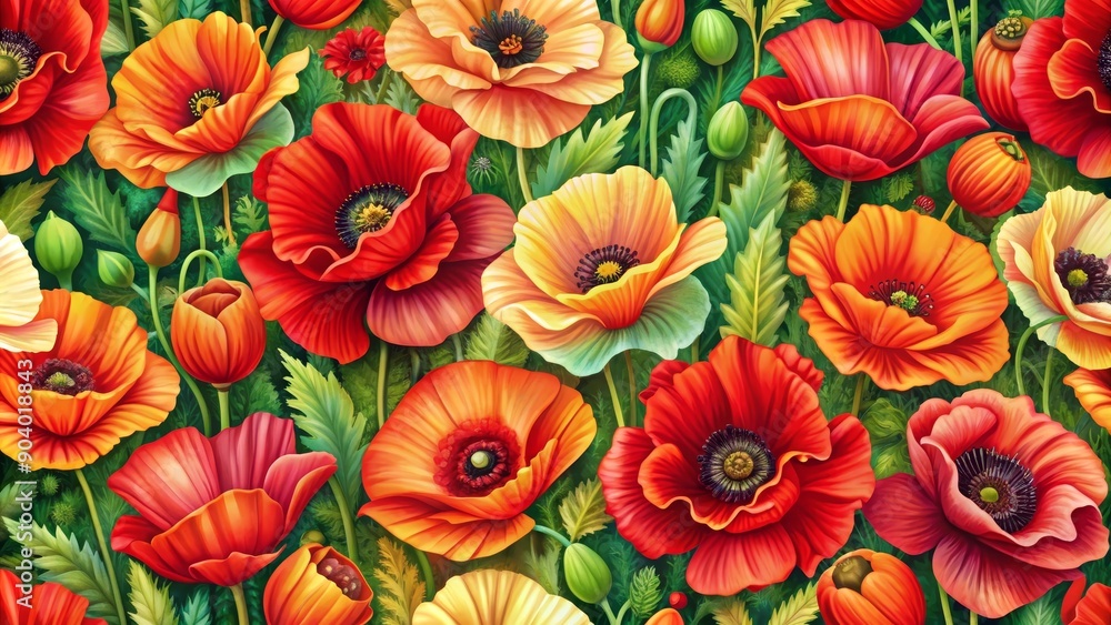 A captivating depiction of a poppy field, where vibrant red, orange, and yellow flowers bloom in a lush green meadow. Each blossom showcases intricate details, symbolizing beauty, life, and the passa A captivating depiction of a poppy field, where vibrant red, orange, and yellow flowers bloom in a lush green meadow. Each blossom showcases intricate details, symbolizing beauty, life, and the passa
