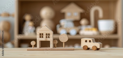 Wooden toys including a house, trees, and a car on a table with a blurred background, promoting eco-friendly and educational play. photo