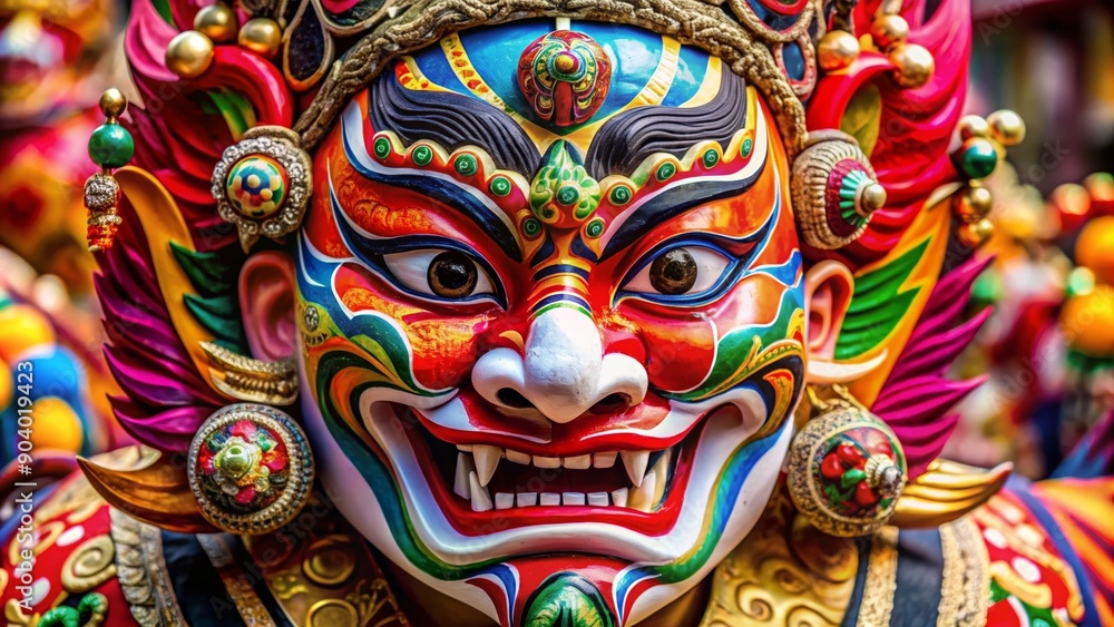 A close-up of a vibrant demon mask, symbolizing power, protection, and spirituality in Tibetan culture. The mask is intricately painted with bright colors and intricate details, showcasing the artistr A close-up of a vibrant demon mask, symbolizing power, protection, and spirituality in Tibetan culture. The mask is intricately painted with bright colors and intricate details, showcasing the artistr