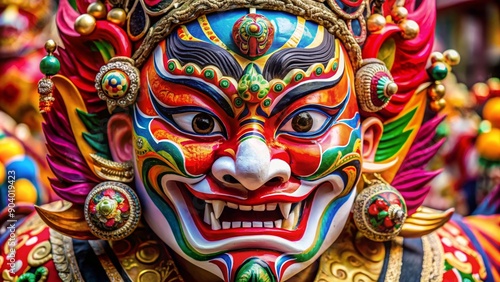 Wallpaper Mural A close-up of a vibrant demon mask, symbolizing power, protection, and spirituality in Tibetan culture. The mask is intricately painted with bright colors and intricate details, showcasing the artistr Torontodigital.ca