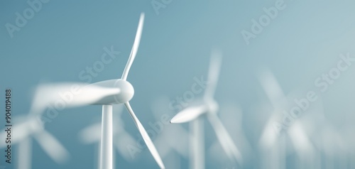 Close-up shot of wind turbines against a blue sky, generating clean renewable energy. Sustainable power solutions for a greener future. photo