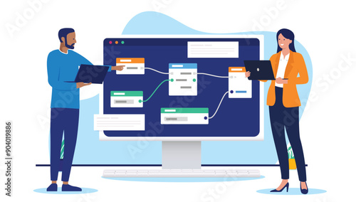 Computer people solving complex problem - Two developers working using node-based interface for scripting data science and software. Flat design vector illustration on white background