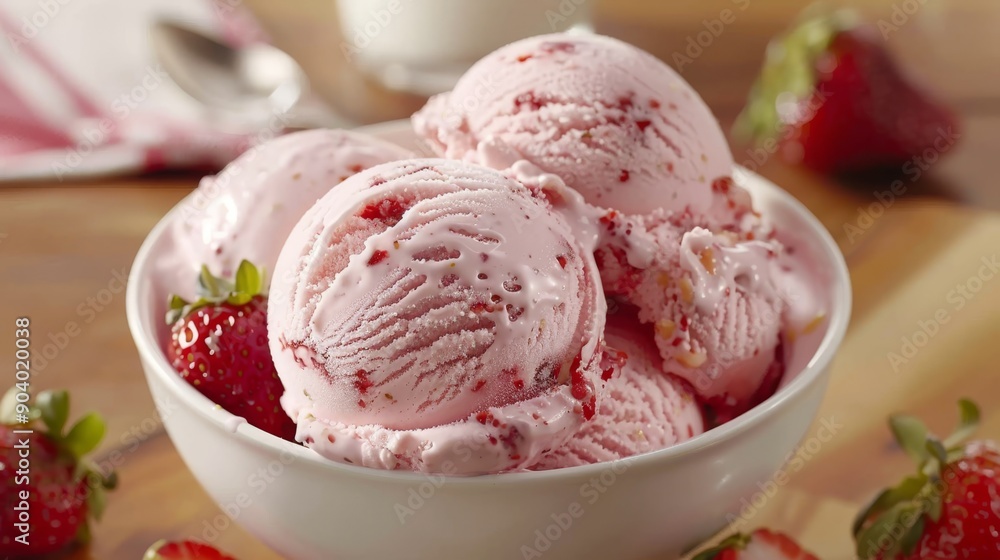 Indulge in a bowl of creamy strawberry ice cream loaded with luscious strawberry chunks and fresh strawberries on the sidea perfect blend. A refreshing and sweet dessert treat Indulge in a bowl of creamy strawberry ice cream loaded with luscious strawberry chunks and fresh strawberries on the sidea perfect blend. A refreshing and sweet dessert treat