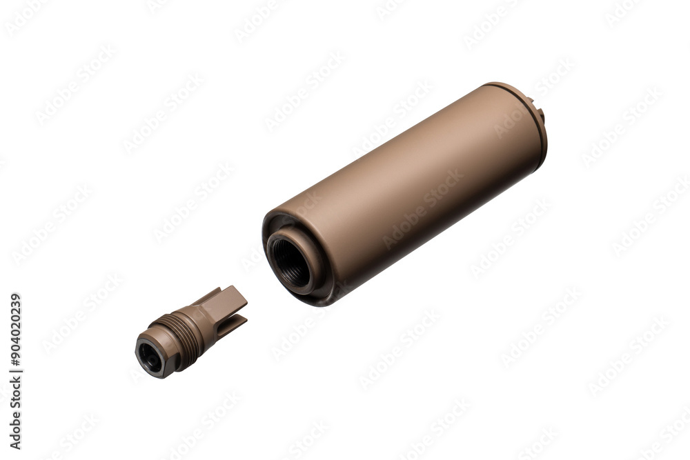 Black silencer for weapons. Suppressor that is at the end of an assault rifle. Isolate on a white back. Black silencer for weapons. Suppressor that is at the end of an assault rifle. Isolate on a white back.