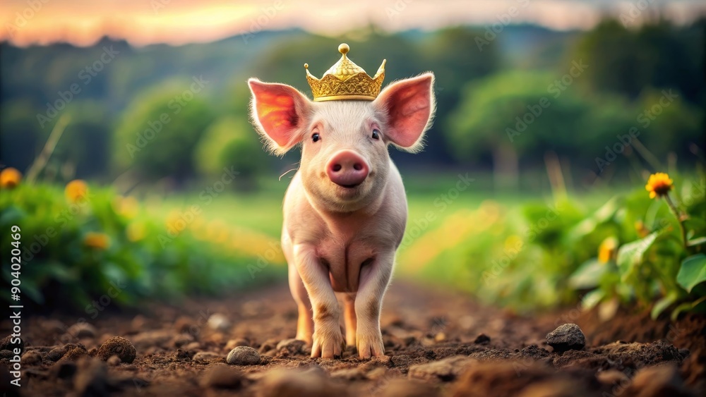 A cute piglet wearing a golden crown walks on a dirt path through a field of green grass and yellow flowers. The piglet represents royalty, innocence, and a playful spirit. The setting symbolizes a A cute piglet wearing a golden crown walks on a dirt path through a field of green grass and yellow flowers. The piglet represents royalty, innocence, and a playful spirit. The setting symbolizes a