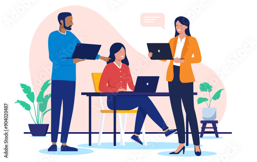 Computer people working - Group of three businesspeople in office standing and sitting while doing work and having conversation and discussion while smiling. Flat design vector illustration