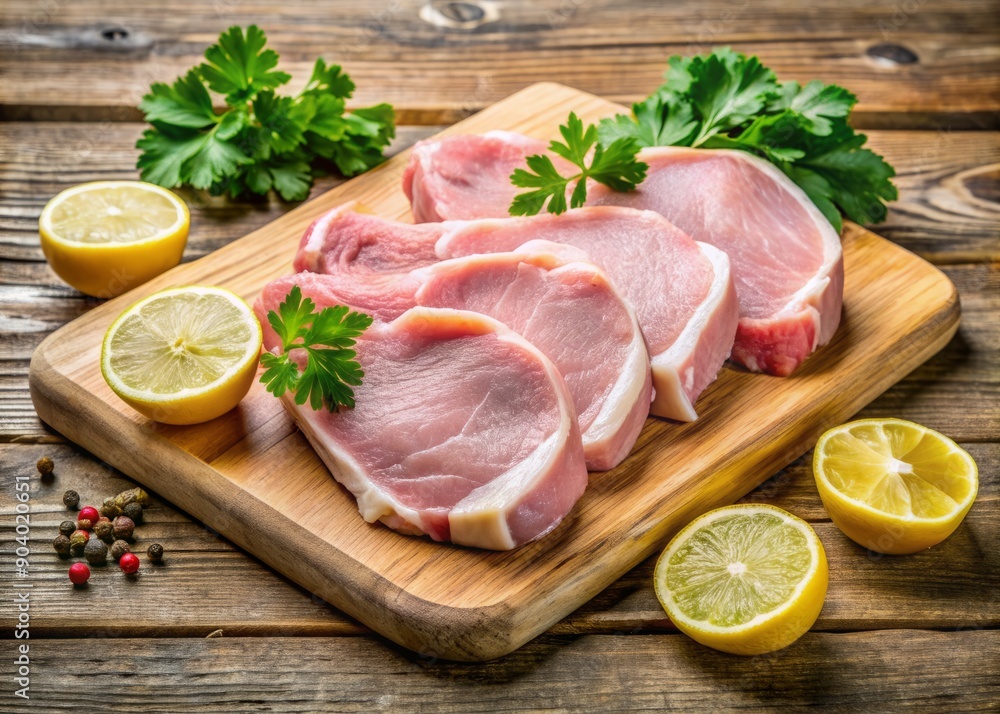 Freshly cut thick raw pork chops arranged on a rustic wooden cutting board, garnished with parsley and lemons, against a neutral background. Freshly cut thick raw pork chops arranged on a rustic wooden cutting board, garnished with parsley and lemons, against a neutral background.