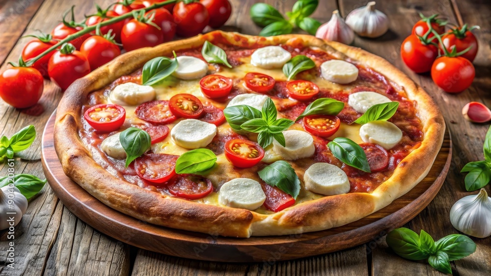A freshly baked pizza topped with mozzarella cheese, cherry tomatoes, and fresh basil leaves, served on a rustic wooden board. The pizza represents Italian cuisine, homemade food, delicious flavors, a A freshly baked pizza topped with mozzarella cheese, cherry tomatoes, and fresh basil leaves, served on a rustic wooden board. The pizza represents Italian cuisine, homemade food, delicious flavors, a