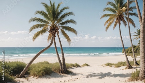 Beach scene with palm trees, soft sand, and the ocean in the background on a bright day  © abu