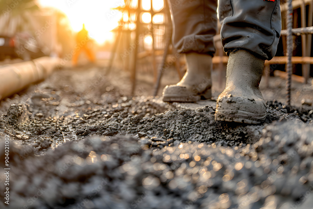 Close-up of a worker inspecting concrete quality at a construction site, investing in infrastructure projects and government support concept Close-up of a worker inspecting concrete quality at a construction site, investing in infrastructure projects and government support concept