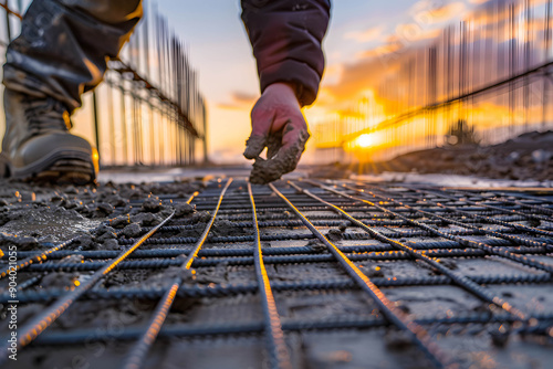 Close-up of a worker inspecting concrete quality at a construction site, investing in infrastructure projects and government support concept