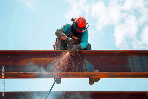 hispanic ironworker welding a steel girder