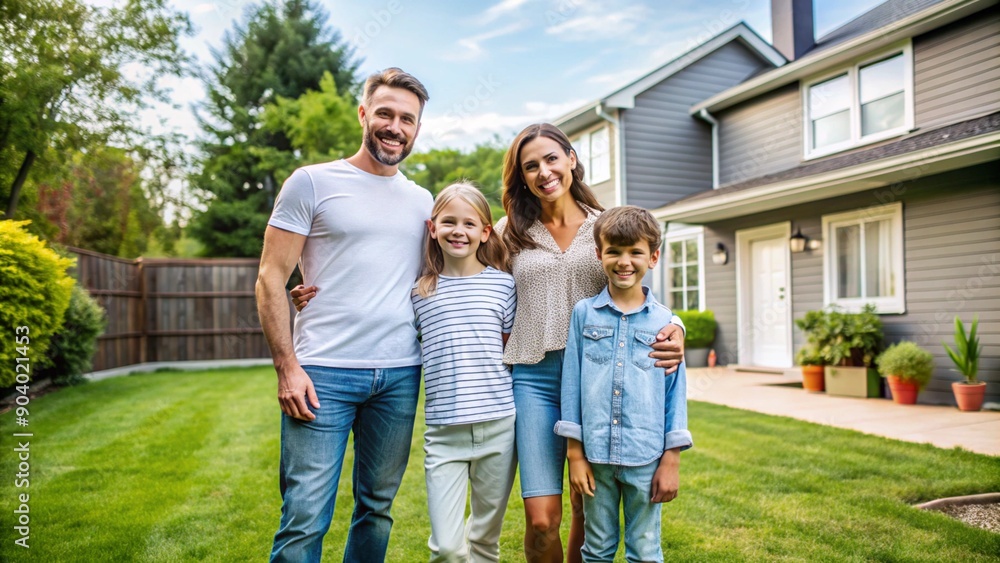 Happy family standing in the backyard of their new home enjoying the outdoors and their new life together. Happy family standing in the backyard of their new home enjoying the outdoors and their new life together.