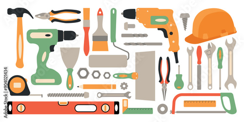 Construction tools big set. Work tool for repair, painter, builder. Isolated vector illustration in clip art style