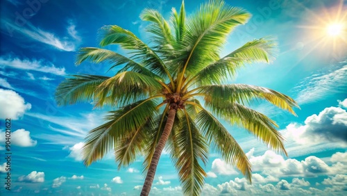 A majestic palm tree stands tall against a backdrop of vibrant blue skies and fluffy white clouds, symbolizing tranquility, escape, and the beauty of nature.  The sun's rays peek through the leaves, s © Tida
