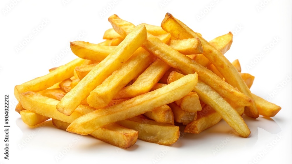 A pile of freshly fried french fries, crispy and golden brown, arranged on a white background. This image represents classic comfort food, fast food, and a delicious side dish. A pile of freshly fried french fries, crispy and golden brown, arranged on a white background. This image represents classic comfort food, fast food, and a delicious side dish.
