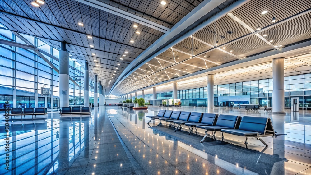 Fototapeta premium Modern airport terminal with sleek architecture, gleaming floors, and natural light, empty of people, conveying a sense of travel and commercial activity.