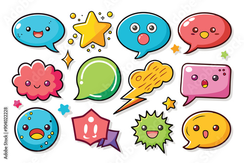 Set of speech bubble icon shaped stickers in bright pastel colors, blue, yellow purple, turquoise, pink and peachy brown arranged in a jumble on a white background photo