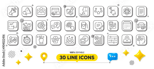 Document, Atom and Floor plan line icons pack. 3d design elements. Buying house, Seo statistics, Attention web icon. Calendar, Touchscreen gesture, Dating app pictogram. Vector