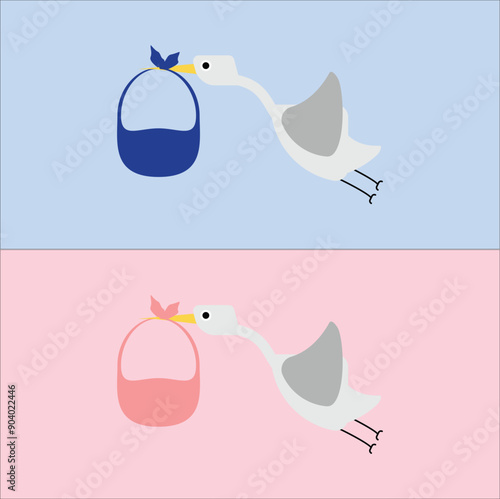 Storks deliver newborn baby girls and boys. illustration vector design. Suitable for t-shirt, sticker, mascot, mug, etc. Eps 10