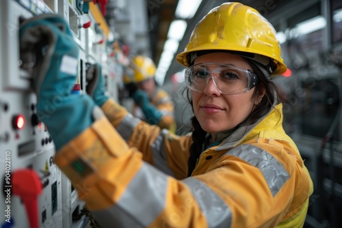 Female engineer wearing a hard hat, safety glasses, and gloves works attentively on industrial machinery, showcasing dedication and professionalism in a technical work environment.