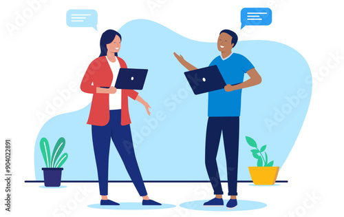 Two people with laptops talking - Business man and woman holding computers in hand having a conversation and dialogue together, smiling with speech bubbles. Flat design vector illustration
