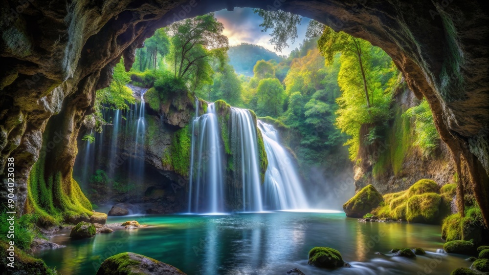 A serene waterfall cascades through a lush forest, hidden behind a rocky cave entrance. The clear water flows into a tranquil pool, surrounded by vibrant greenery and sunlight filtering through the tr A serene waterfall cascades through a lush forest, hidden behind a rocky cave entrance. The clear water flows into a tranquil pool, surrounded by vibrant greenery and sunlight filtering through the tr