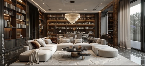 Modern Living Room Interior Design with High Ceiling, Featuring a White Sofa, Black Marble Coffee Table, and Crystal Chandelier Hanging Above Bookshelves. 
