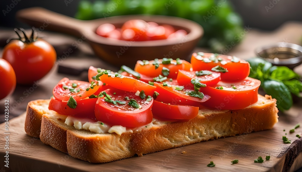 Homemade Pan Con Tomate (Tomato Toast) on a Rustic Wooden Board, side view.
Homemade Pan Con Tomate (Tomato Toast) on a Rustic Wooden Board, side view.