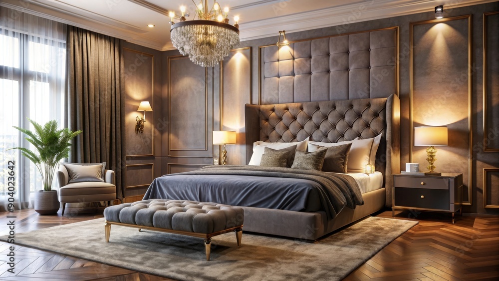 Fototapeta premium A spacious master bedroom with a plush tufted headboard, a large bed with soft bedding, a decorative ottoman, and a luxurious chandelier. The room is adorned with elegant decor, creating a sophisticat