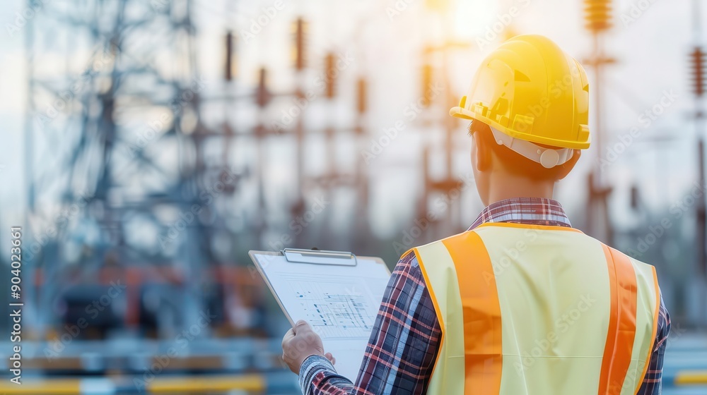 Engineer in a hard hat and safety vest reviewing plans at an industrial site during sunset. Engineer in a hard hat and safety vest reviewing plans at an industrial site during sunset.