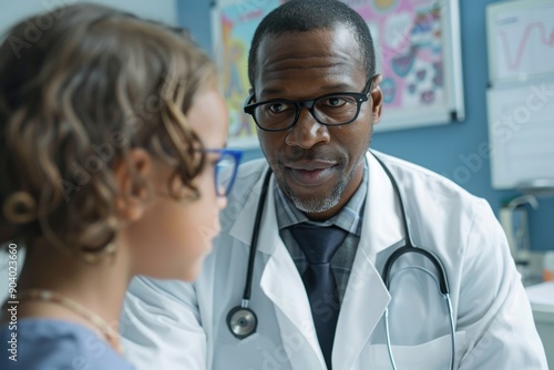 The image shows a doctor wearing glasses and a white coat, engaging with a young patient in a medical clinic, illustrating a healthcare setting and doctor-patient interaction.