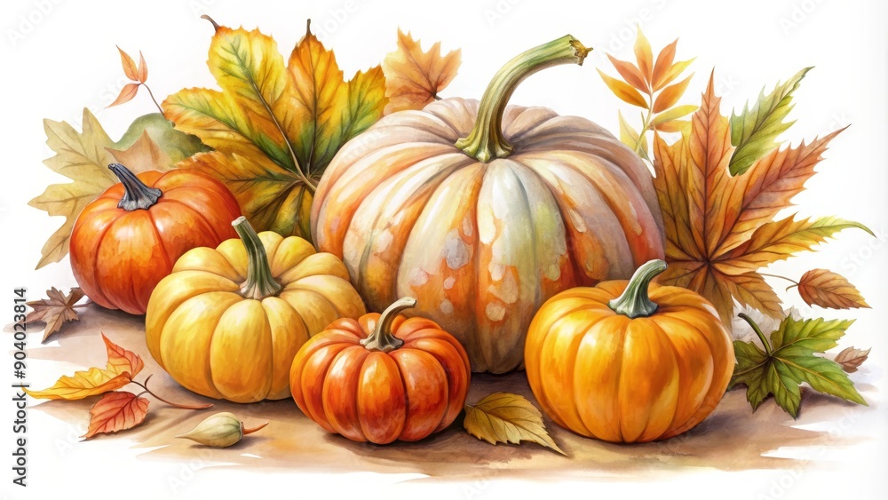 A still life featuring four pumpkins of varying sizes and colors, surrounded by vibrant autumn leaves, symbolizing the bounty of the harvest season, the beauty of nature's transition, the warmth of fa A still life featuring four pumpkins of varying sizes and colors, surrounded by vibrant autumn leaves, symbolizing the bounty of the harvest season, the beauty of nature's transition, the warmth of fa