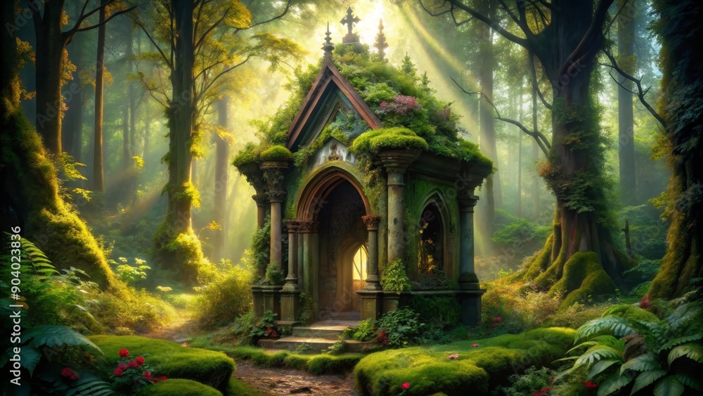 Fototapeta premium A stone chapel, overgrown with moss, stands in a mystical forest, bathed in sunlight, with a path leading to its entrance, symbolizing nature's embrace, serenity, mystery, faith, and tranquility.