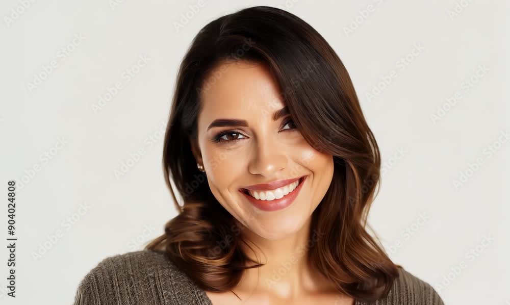 Close-up portrait video of a satisfied Brazilian woman in her 30s wearing a chic cardigan against a white background Close-up portrait video of a satisfied Brazilian woman in her 30s wearing a chic cardigan against a white background