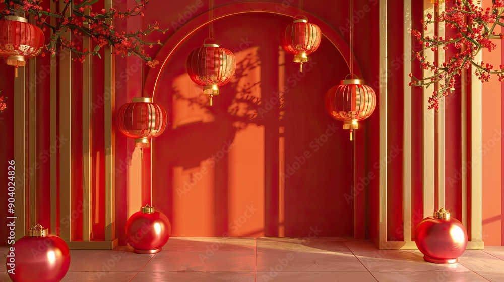 Festive background Happy New Year in Asian style. Happy Chinese New Year banner background template. Decoration with traditional festival lanterns on a red background. Festive background Happy New Year in Asian style. Happy Chinese New Year banner background template. Decoration with traditional festival lanterns on a red background.