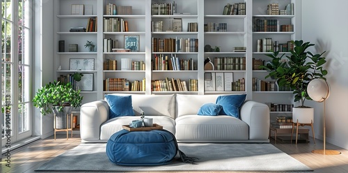 Modern Living Room with Minimalist Design Featuring a Sofa, Bookshelves, and White Walls. The Space Showcases Blue Accents, Natural Light, Clean Lines, and a Neutral Color Palette. 