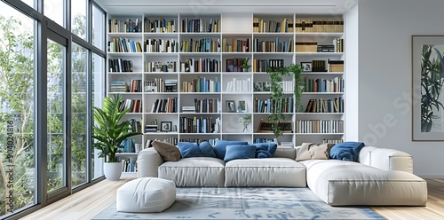 Modern Living Room with Minimalist Design Featuring a Sofa, Bookshelves, and White Walls. The Space Showcases Blue Accents, Natural Light, Clean Lines, and a Neutral Color Palette. 