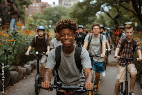 A diverse group of teenagers rides electric scooters through an urban park on a bright day, showcasing a blend of technology and nature as they enjoy their outing together. photo