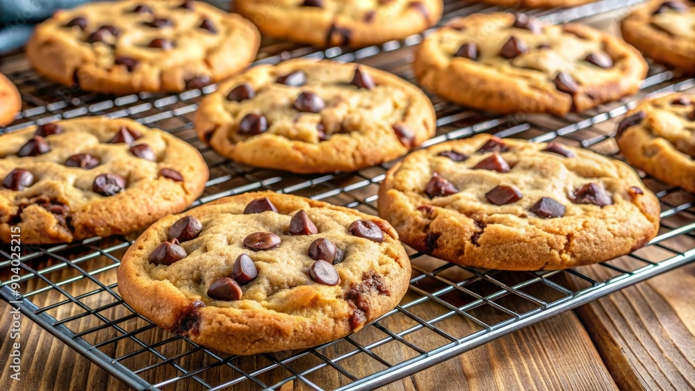 Close-up of freshly baked chocolate chip cookies on a cooling rack, symbolizing warmth, sweetness, indulgence, satisfaction, and homemade treats. Close-up of freshly baked chocolate chip cookies on a cooling rack, symbolizing warmth, sweetness, indulgence, satisfaction, and homemade treats.