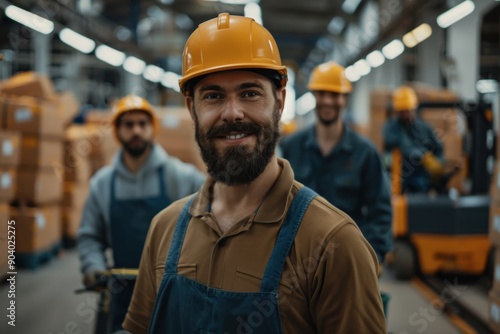 A group of warehouse workers in hard hats smiles at the camera, exemplifying teamwork and the spirit of hard work within an organized and busy industrial environment.